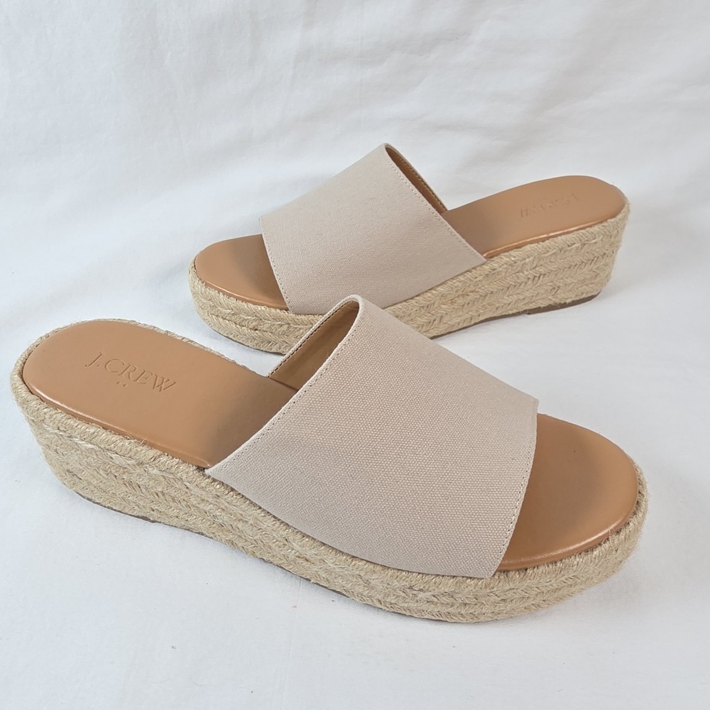 J Crew Womens 9.5 M Beige Canvas Espadrille Wedge Strap Mules AX841 Bohemian